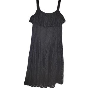 Taylor Dress 12 Black Lace Pom Pom Ruffle Layered Sleeveless Flare